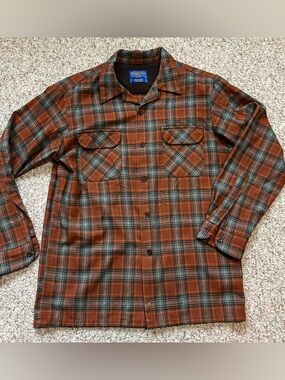 Pendleton 100% virgin wool board shirt plaid flannel orange grey medium